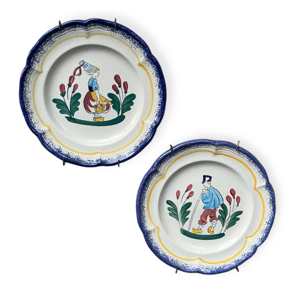 2 Vintage French Hand Painted Ceramic Plates, Fait Main M.B.F.A. France, Rouen